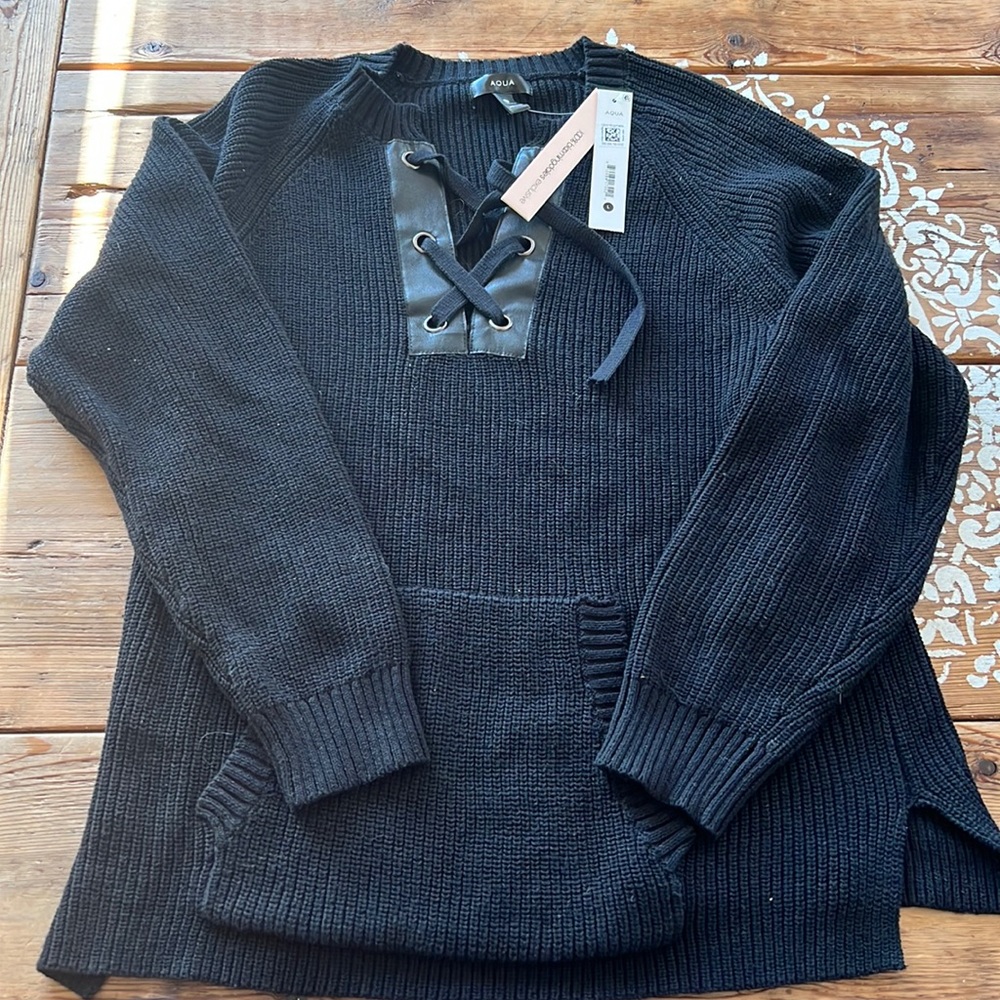 AQUA cotton sweater with default leather open front size L